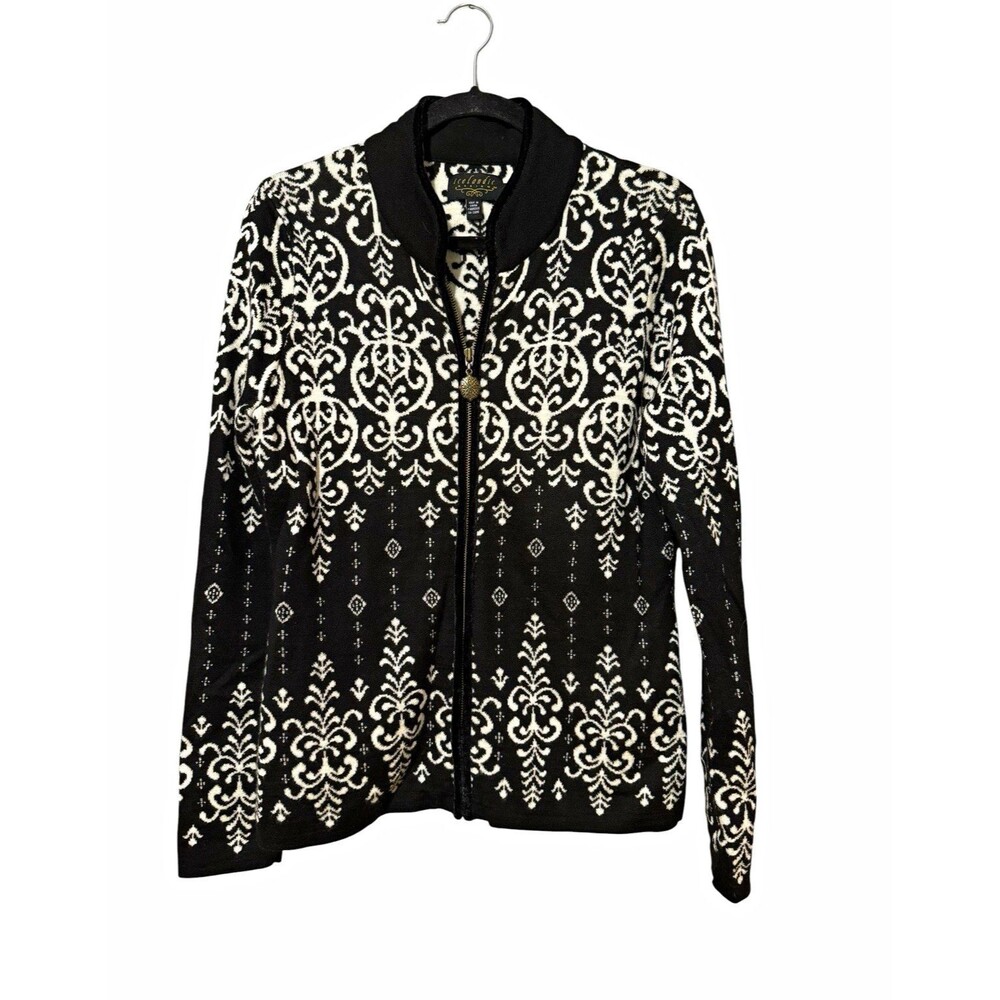 Icelandic Design M Black Ivory Wool Blend Damask Zip Cardigan Sweater Nordic